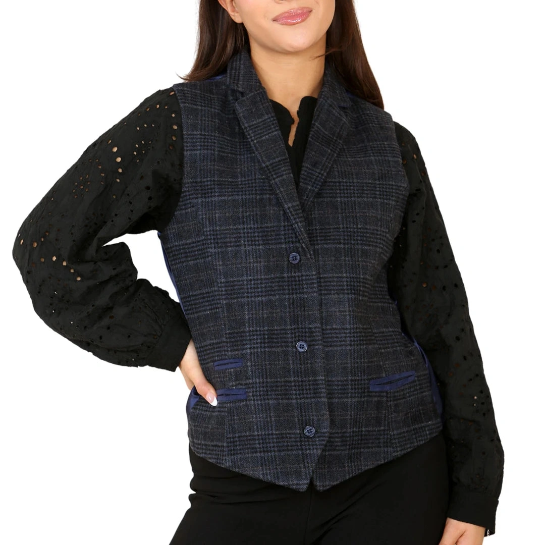 Blauer Tweed Blazer für Damen: Stilvoller Check-Waistcoat Anzug – Dein Must-have!