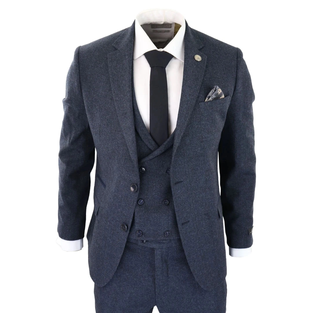 WS25 - Eleganter Herren Tweed Anzug Blau Dreiteiler Weste Doppelreihig Stilvolles Outfit